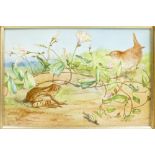 Pottery slab handpainted with frog and bird in silvered frame 15.