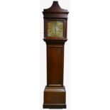Oak cased longcase brass dial clock with single train movement.
