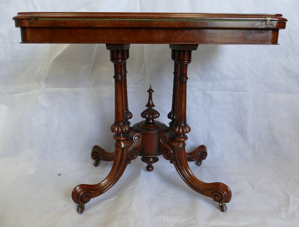 Victorian burr walnut inlaid fold over card table with oval top, - Image 2 of 5