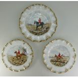 Royal Crown Derby hand painted plate with waved gilded edge decorated with hunting scenes by C M