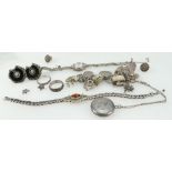 Silver charm bracelet, silver bracelet, various silver earrings, silver pendants, 90.