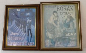 Vintage framed paper advertising posters featuring Borax Soap and Ogdens Midnight Blake Tobacco