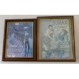 Vintage framed paper advertising posters featuring Borax Soap and Ogdens Midnight Blake Tobacco
