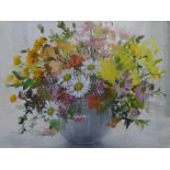 Celia K Russell, watercolour painting of vase of summer flowers dated 1979 in wood frame,