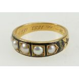 19th century gold ring set with 5 pearls, inscribed inside and dated 1883, 4.