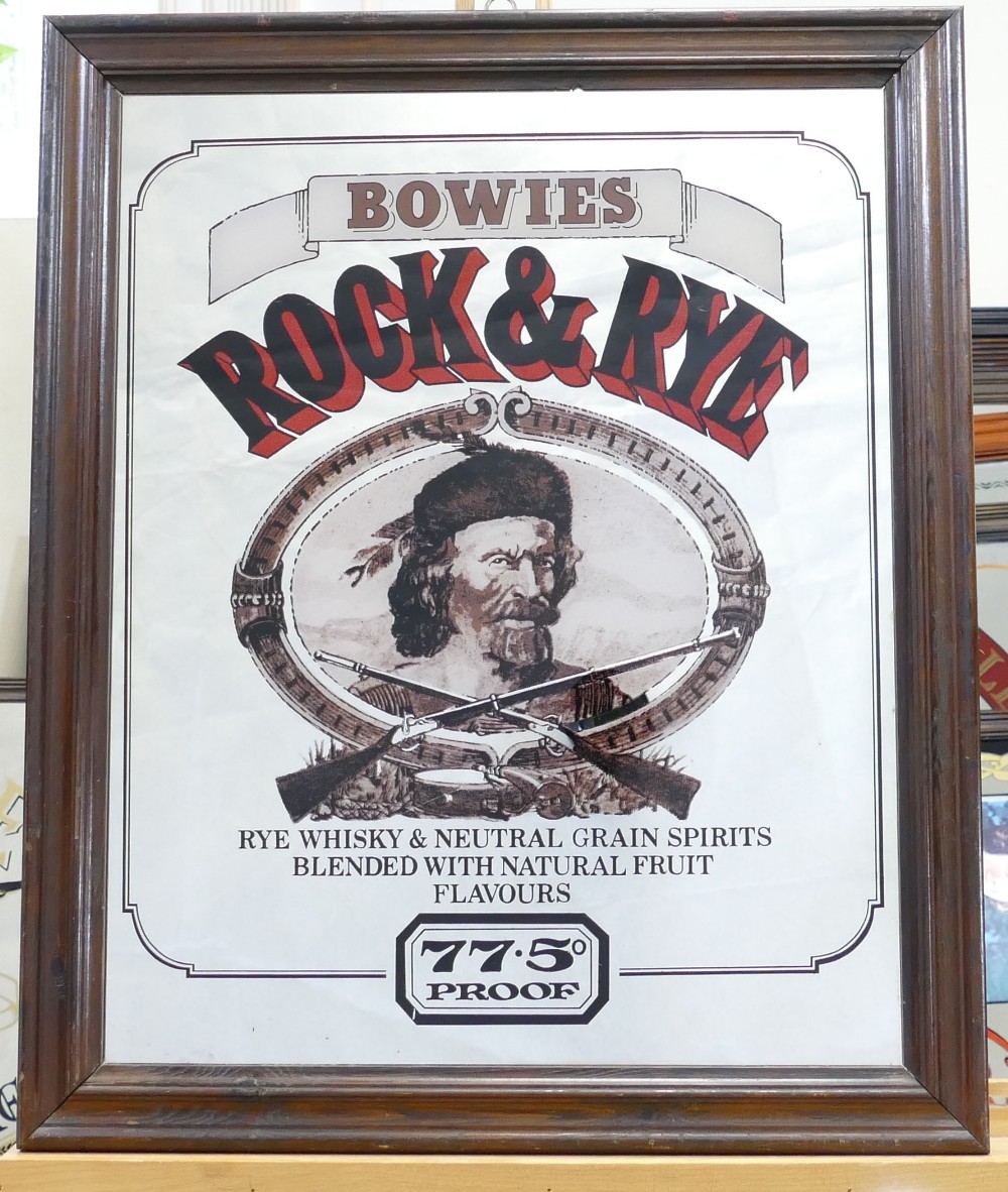 Vintage advertising mirrors for Stillbrook American Deluxe Bourbon and Bowies Rock and rye whisky,