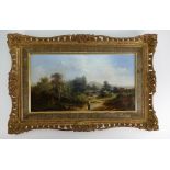 A Stone, oil painting on canvas of countryside scene with girl gathering in ornate gilt frame,