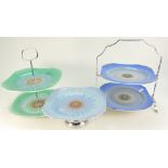 Shelley two tier cake stand and a single plate and stand with blue and grey banding and a green