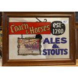 Vintage framed advertising mirror featuring Coach and Horses Ales and Stouts dimensions 50 x 38cm