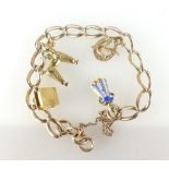 9ct gold charm bracelet & gold charms, no padlock. Weight 18g.