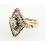 10k / 10 carat US gold & diamond marquise & baguette cut diamond cluster ring. Weight 3.