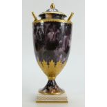 Wedgwood unusual two handled china vase decorated in a purple marbled colourway with acanthus leaf