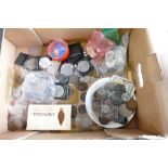 A collection of various coins including pre-1947 silver coins, commemorative coins,