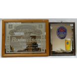 Vintage Barbican and Budweiser framed advertising mirrors featuring dimensions of largest 68cm x