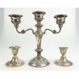 Silver filled three branched candelabra hallmarked for Birmingham 1975 and pair filled silver