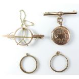 9ct gold sovereign brooch, T-bar brooch/locket, and two 9ct sovereign mounts. 12.4 grams.