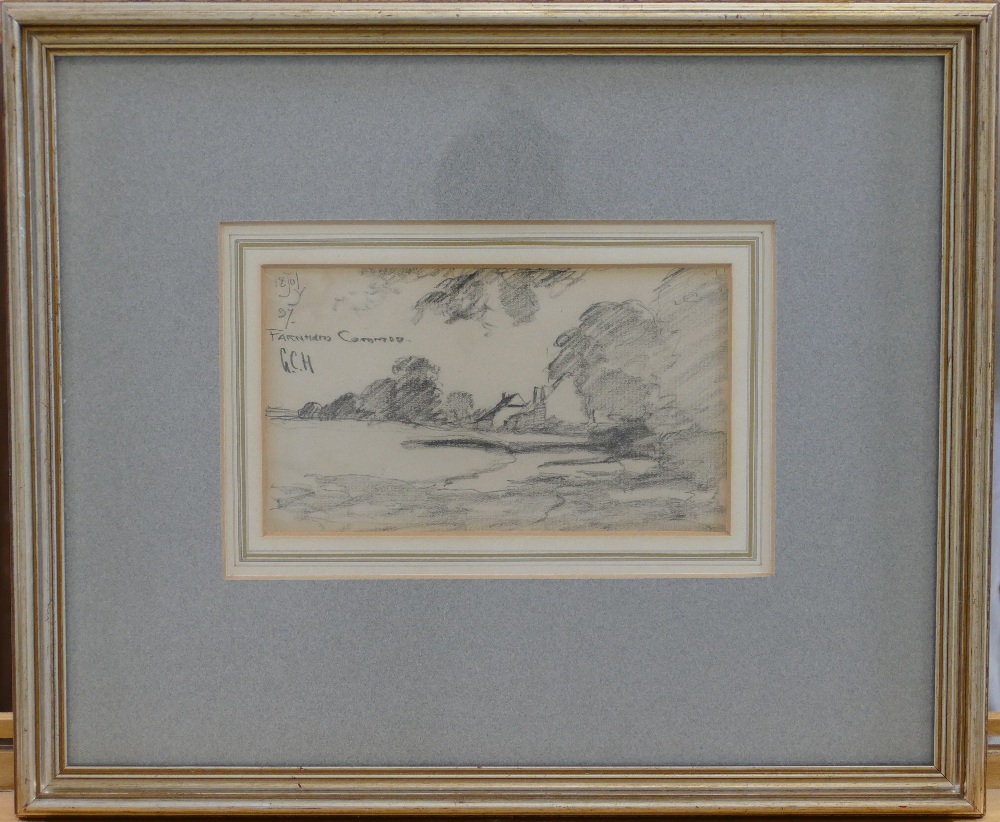 George Haite pencil sketch drawing of Farnham landscape scene in gilt frame,