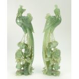 Chinese pair serpentine hard stone carved figures of birds of paradise on branches, height 28.