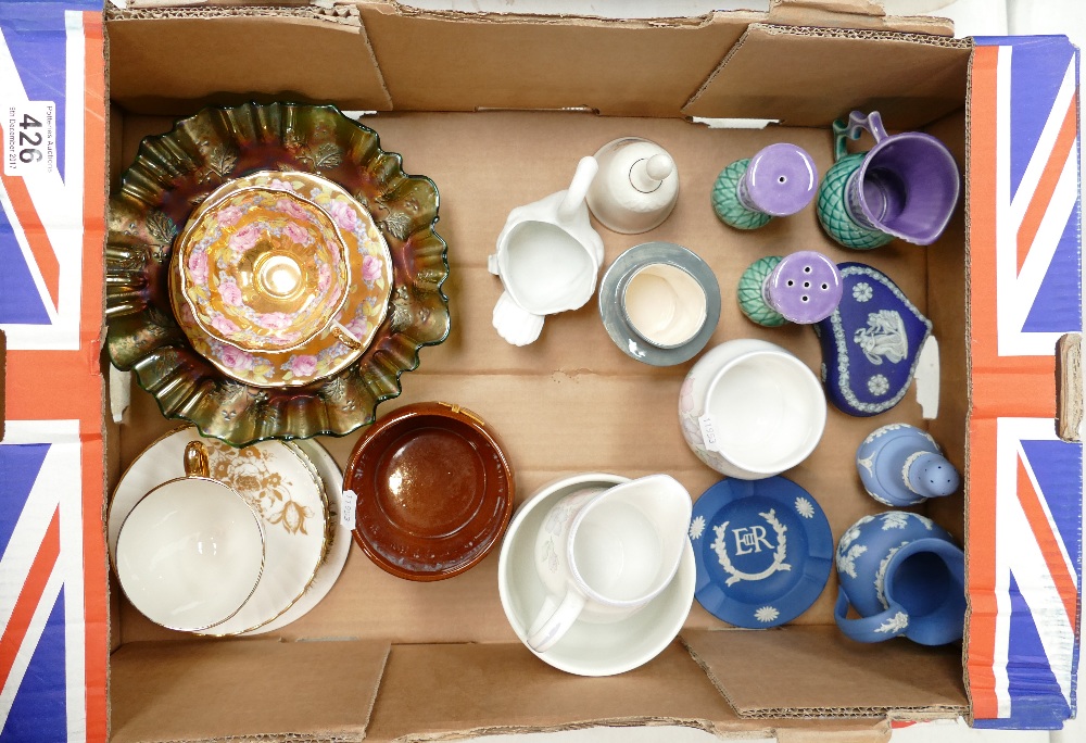 A mixed collection of ceramic items to include Jasper Ware jug, pin dishes,