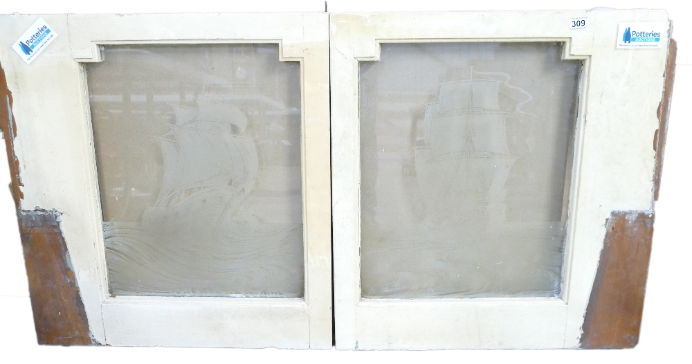 Pair etched glass windows decorated with