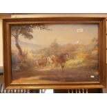 Framed watercolour view of a cart and horses travelling up a hill signed Donald Wood 14x21