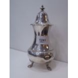 Silver sugar shaker on cabriole supports, dented, Sheffield 1929 maker HA 7.2oz