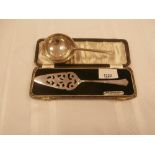 Silver tea strainer and stand Sheffield 1966 maker GBS and cased and cased silver cake slice