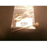 18ct gold ring set with diamonds and garnets 2.1g and yellow metal stick pin set set with pearls and