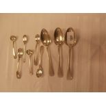 Pair Georgian silver mustard spoons maker RGGS 4 other Georgian and later mustard spoons and 3