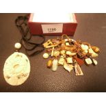 Collection 1930s oriental charms incl. Ivory, Jade treen etc. and a similar oval carved ivory brooch