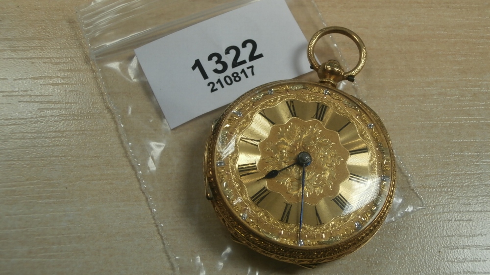 18ct yellow gold lady’s pocket watch with engraved floral and leaf design to the face and case - Image 2 of 2