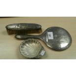 Silver backed hand mirror and matching clothes brush and silver plated shell shaped dish with