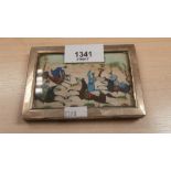 Small Edwardian plain silver frame inset with painting of figures on horseback, 10cm x 7cm