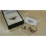 18ct yellow gold lady's ring set 3 diamonds, 9ct gold dress ring and pair of cultured pearl ear