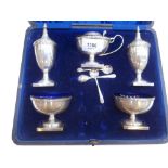 Edwardian silver 5 piece condiment set, comprising pair of salts, pair of pepperettes and a