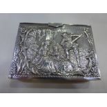 Late victorian silver card case, embossed decoration of figures & musician, birmingham 1899