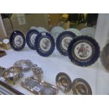 A set of 5 early Worcer decorative porcelain plates royal blue borders the centres decorated with