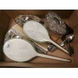 Silver backed clothes brush, art deco enamel backed hand mirror & matching hair brush etc.