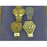 Four vintage metal car badges including Ex-Service association Singapore and a AA Malaya