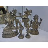 A collection of Indian brass figures dog of Fo Together with silver plated Tibetan Buddha