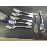 Five Georgian silver tea spoons and 2 victorian silver forks 7.6 troy oz