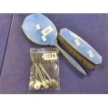 Set of 6 silver coffee bean spoons, silver and blue enamel backed hand mirror and matching clothes