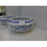 Chinese underglaze blue and white shallow bowl decorated with coiling dragons and pearl motifs