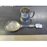 Dutch silver spoon, marked. 24cm long, together with a silver christening mug 'Nancy' 5.5 troy oz