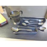 Collection of silver including presentation cup, sugar tongs, spoons etc