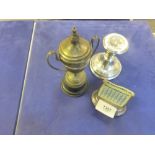 1930's miniature silver replica of garden cup, silver calendar desk stand and a weighted silver