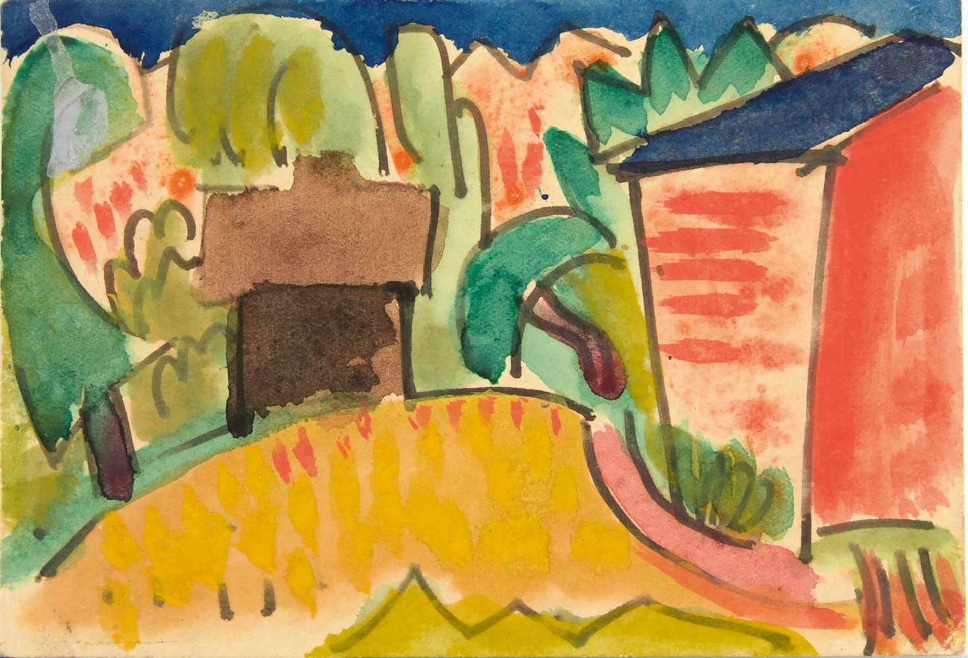 Karl Schmidt-Rottluff (Rottluff 1884 - 1976 Berlin) Künstlerpostkarte 'Landschaft mit Häusern', 1921