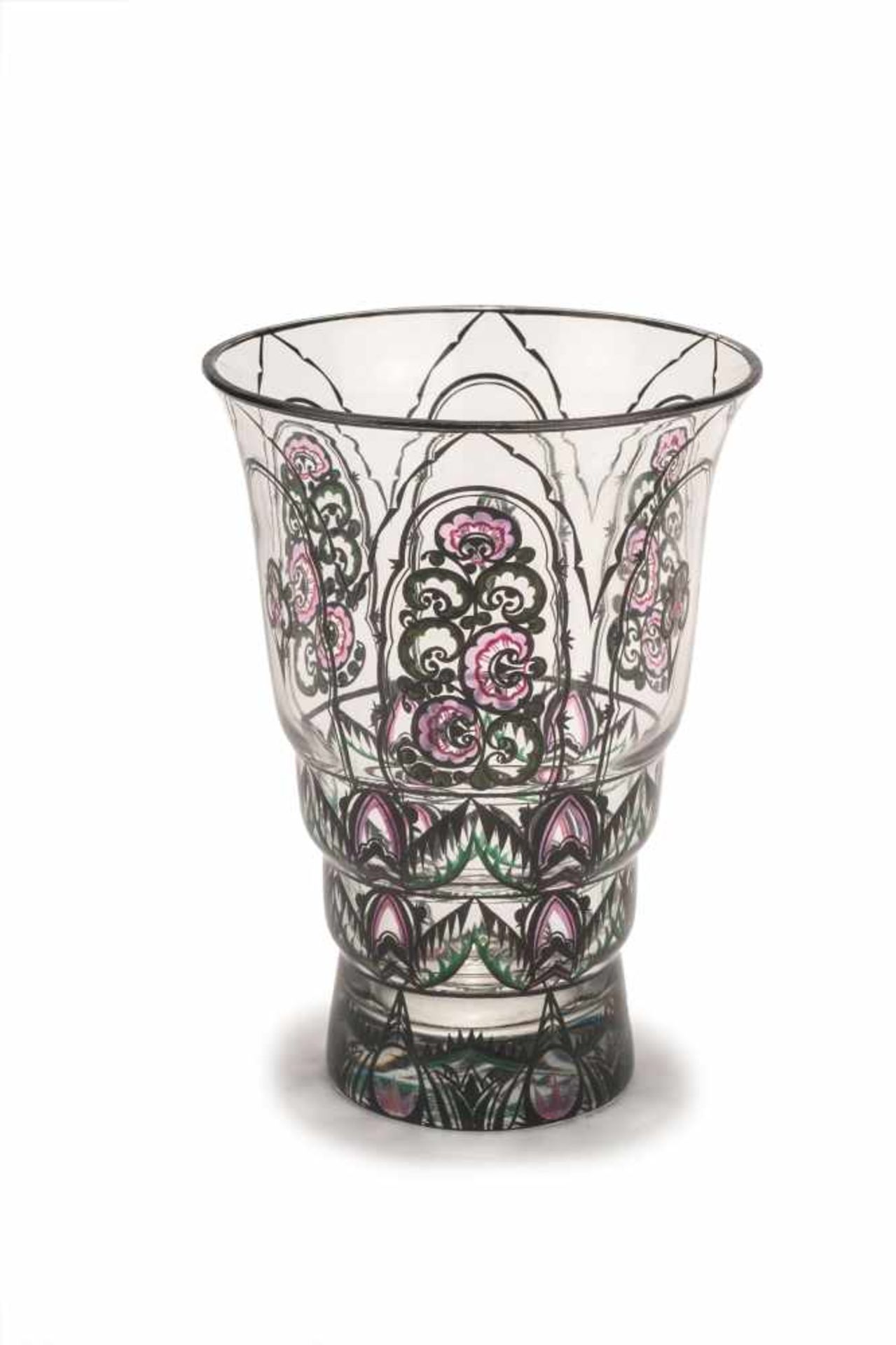 Steinschönau Vase, 1910-15 H. 14,8 cm. Farbloses Glas, umlaufende Email- und Schwarzlotbemalung,