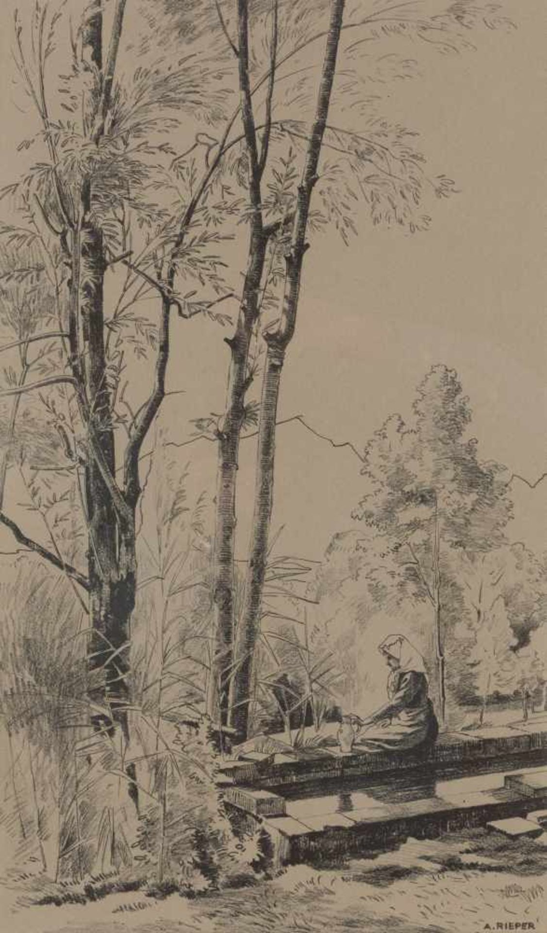 August Rieper (Hamburg 1865 - 1940 München) 'Hirtin an der Quelle', 1900-1905 Mischtechnik mit - Bild 2 aus 9