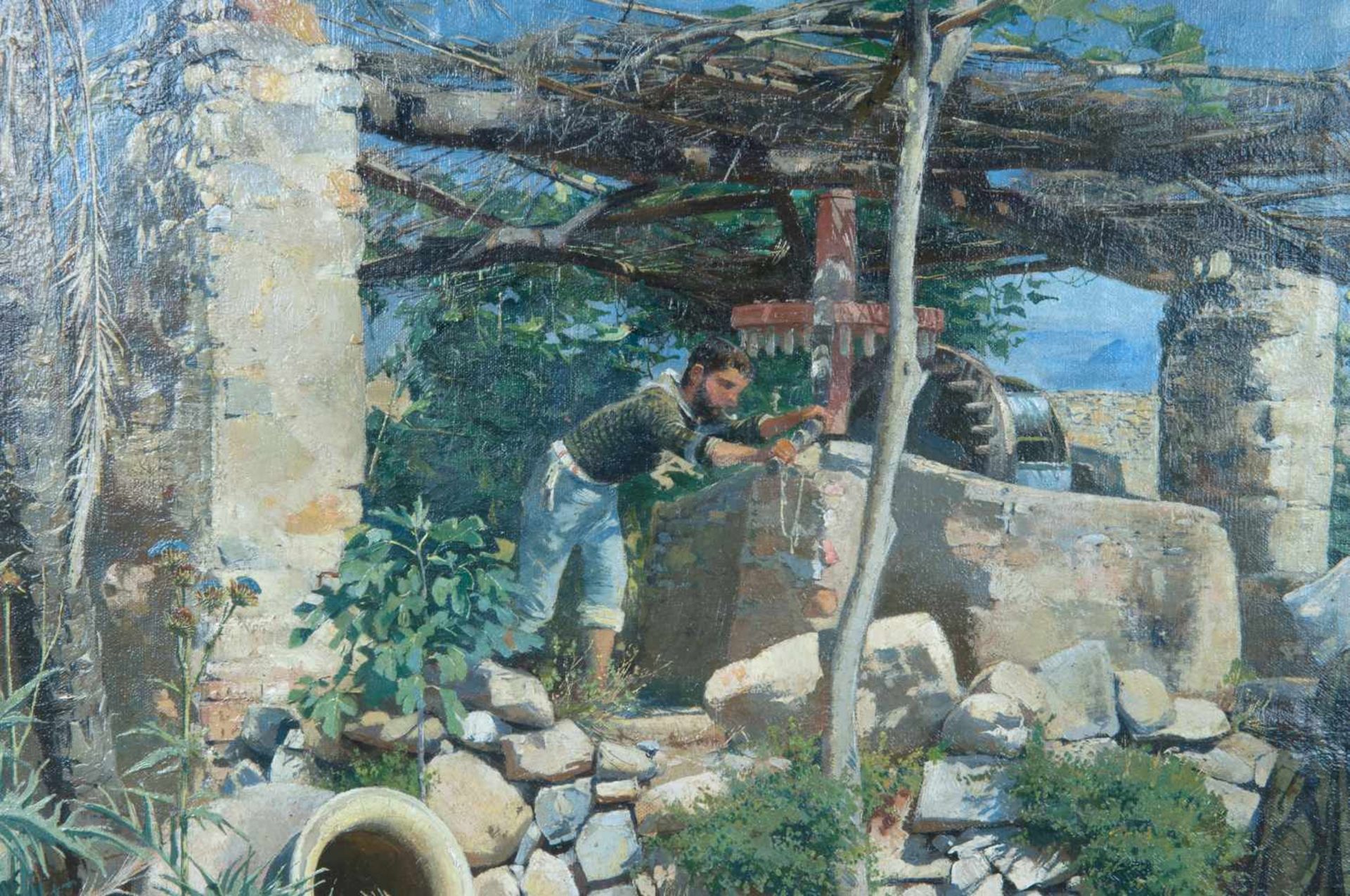 Hermann Nestel (Stuttgart 1858 - 1905 Bordighera/Ligurien) 'Am Brunnen' (Genreszene in Ligurien/ - Bild 4 aus 5